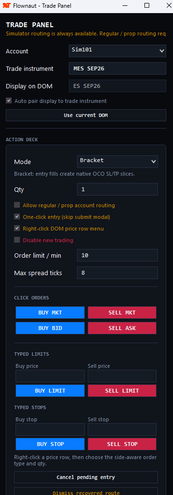 Trading panel bridge for executing micro contracts from the main DOM