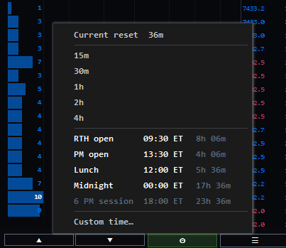 Reset on demand menu with session and custom timeline presets
