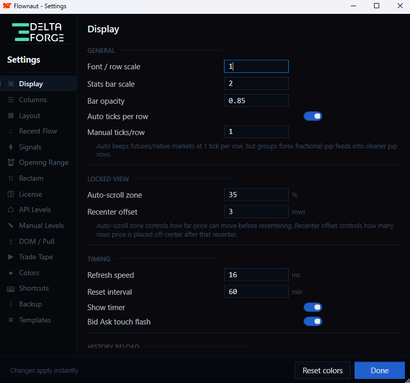 Flownaut DOM settings panel with configurable columns and colors